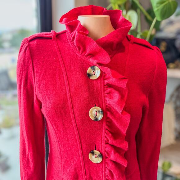 Luii Anthropologie Red Wool Ruffled Button Up Autumn Jacket Dress, Women's Small - Picture 5 of 13